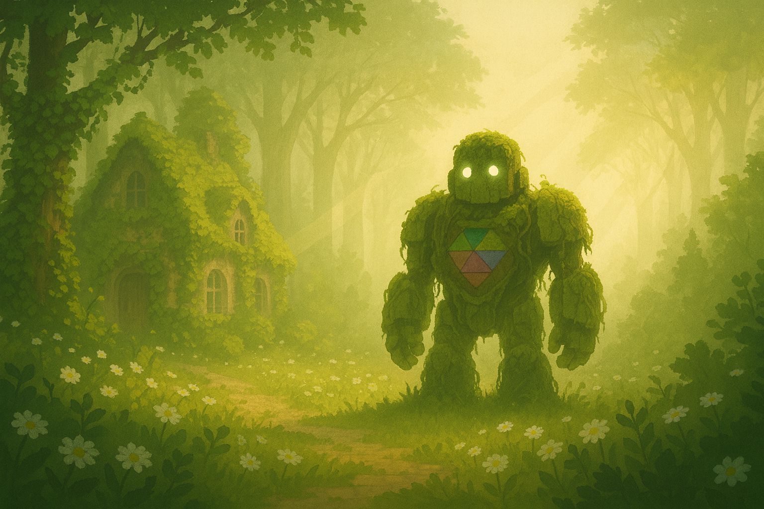 Fieldmade key art: a mossy golem in a sunlit forest beside an ivy-covered cottage