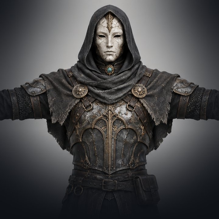 The Ashen Votary, a masked figure in a hood and weathered bronze-trimmed armor